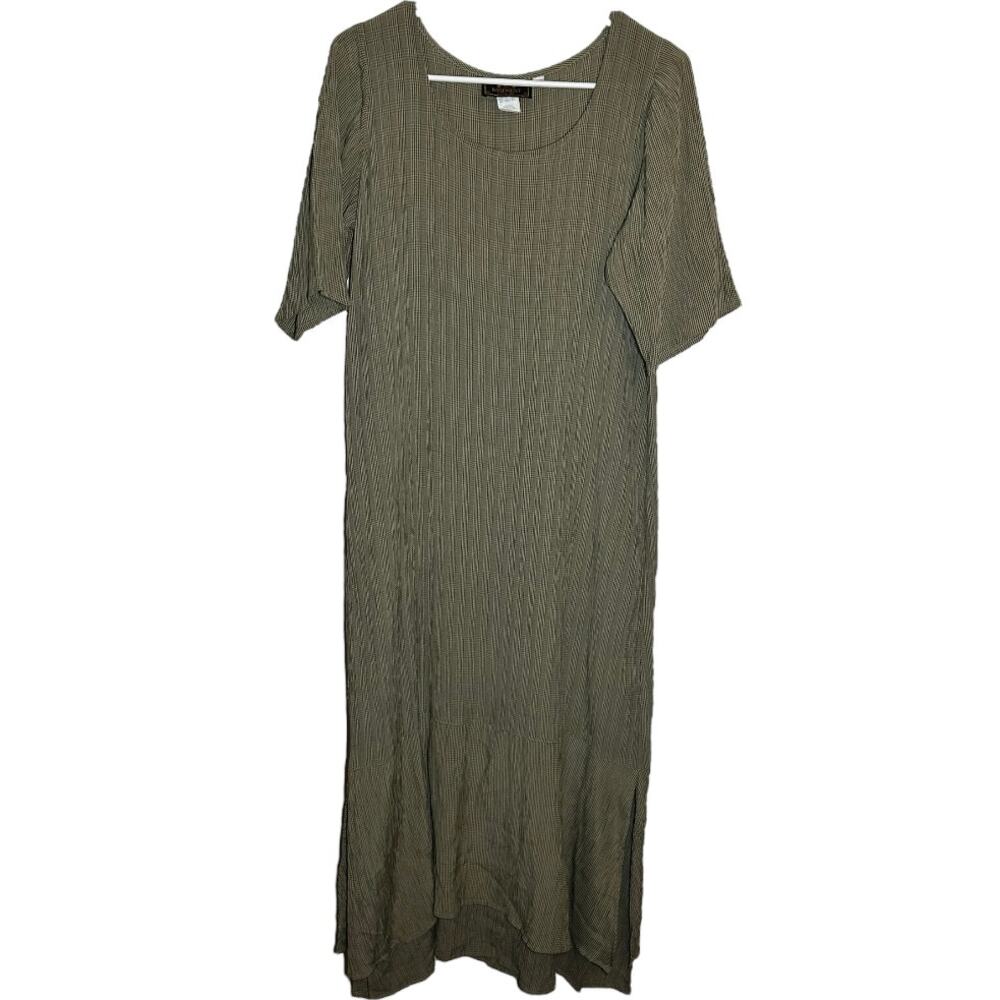 VTG Basement Midi Shift Dress 90s Made in USA Plaid Scoop Neck Black Tan S/M - Picture 2 of 5